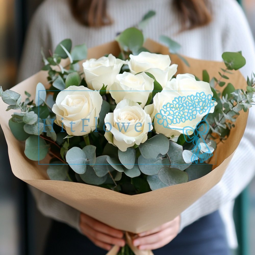 Букет роз 7 белых роз в эвкалипте